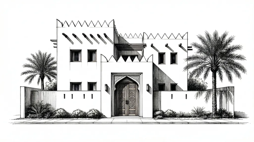 سكتش يدوي لواجهة فيلا نجدية معاصرة